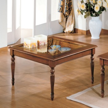 Tavolino bacheca 60 x 60 con piano in vetro e gambe tornite