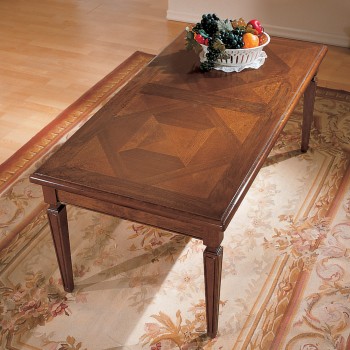 Tavolino 120x60 intarsio parquet, dettaglio gambe intarsiate