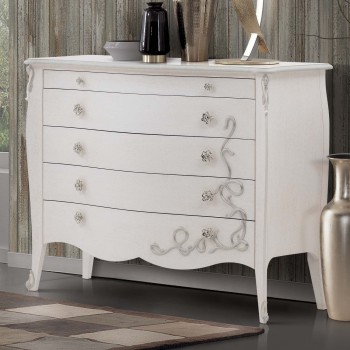 Comò 5 cassetti con decori intagliati e piedini alti