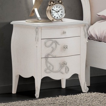 Comodino 3 cassetti con intagli floreali e piedi alti