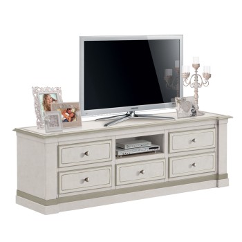 Porta TV Shabby Chic con 5 cassetti, dettagli decorativi