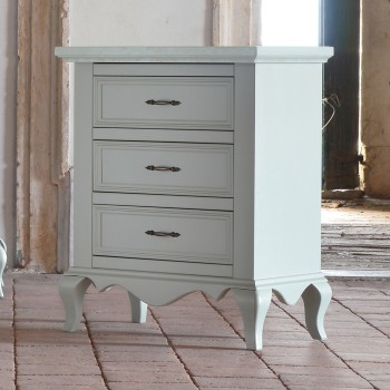 Comodino con tre cassetti shabby chic, piedini a sciabola