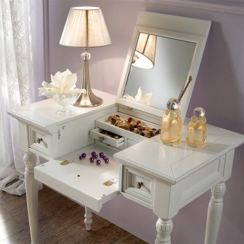 Mobile da trucco con scrittoio in legno bianco con specchio aperto