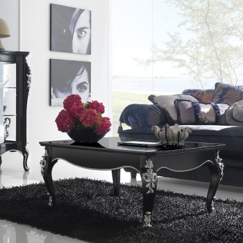 Tavolino quadrato classico, nero, con decorazioni floreali