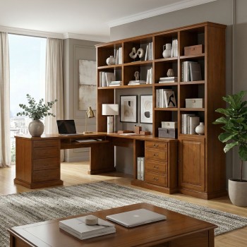 Libreria con scrivania a misura in legno con cassetti
